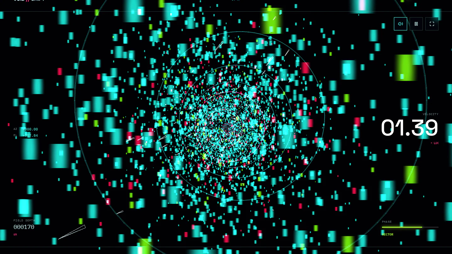 Cyan, pink and acid-green particles swirling into the VOID SHIFT hyperspace current