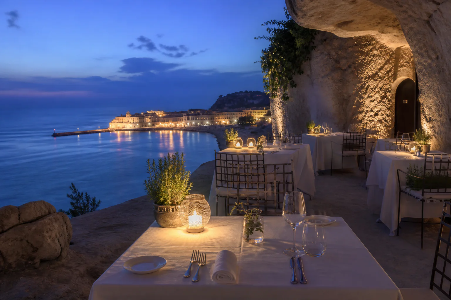 Serein restaurant terrace overlooking Avelune at blue hour
