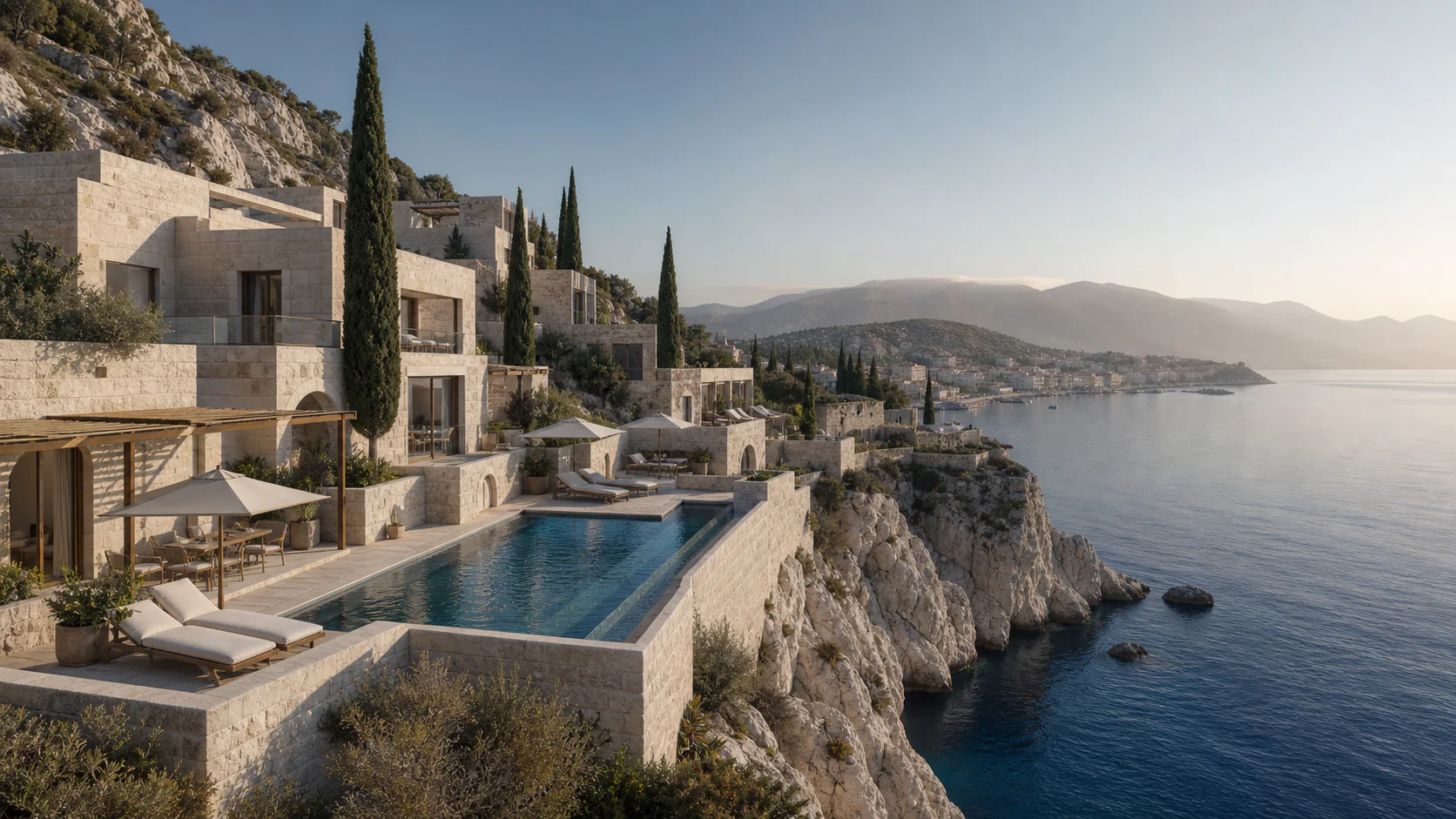 Maison Veyra terraces and infinity pool above Avelune harbour