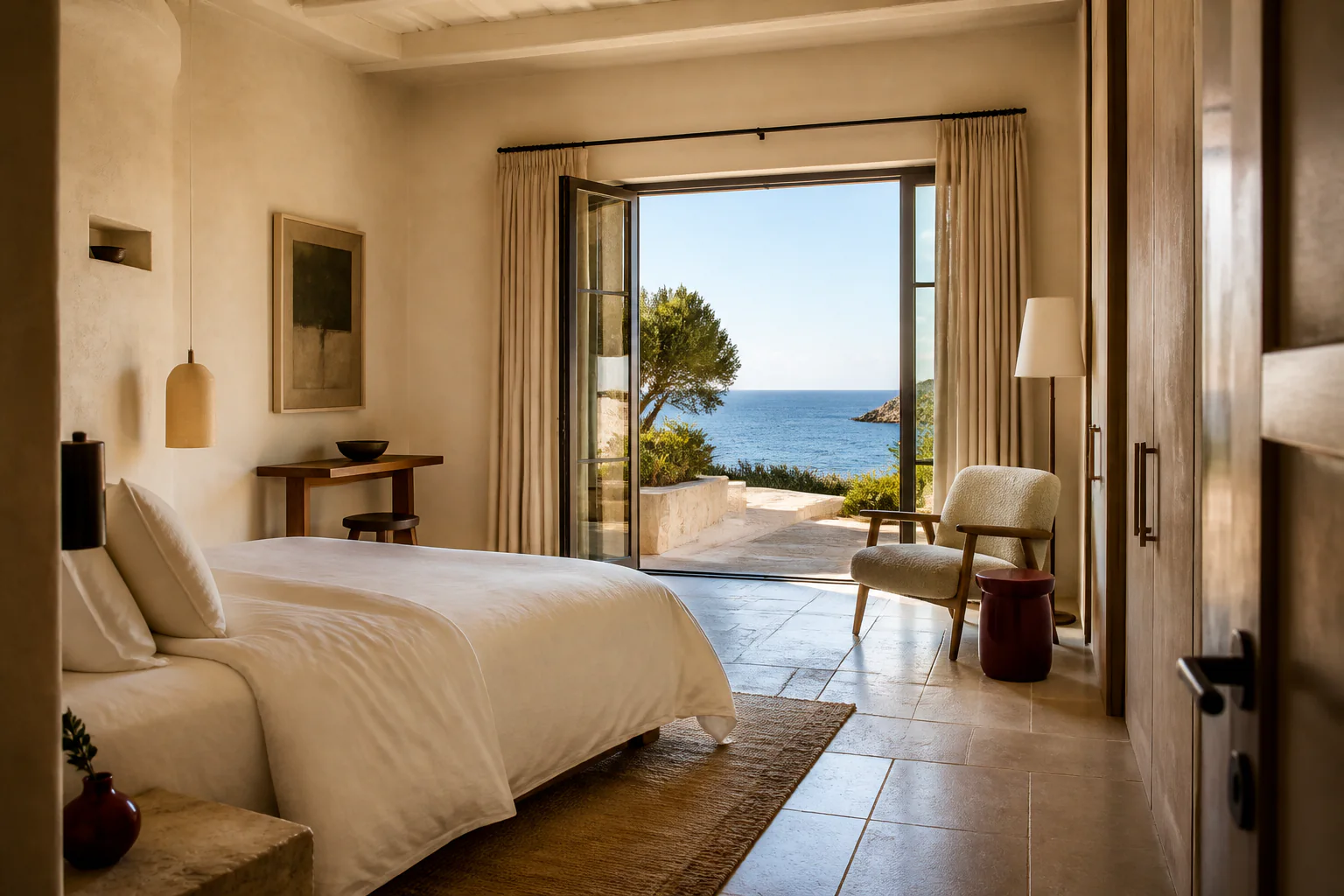 A Veyra sea suite with linen bed and private terrace